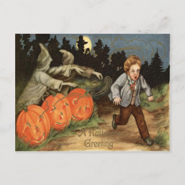 Ghost Jack O' Lantern Scared Boy Moon Postcard (Front)