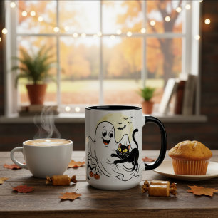 Ghost Kitten Funny Halloween Gift- Retro Halloween Two-Tone Coffee Mug