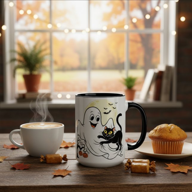 Ghost Kitten Funny Halloween Gift- Retro Halloween Two-Tone Coffee Mug (Creator Uploaded)