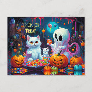 Ghost Kitten Pumpkin Candy Halloween Holiday Postcard