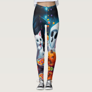 Ghost Kitten Pumpkin Candy Halloween Leggings