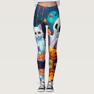 Ghost Kitten Pumpkin Candy Halloween Leggings
