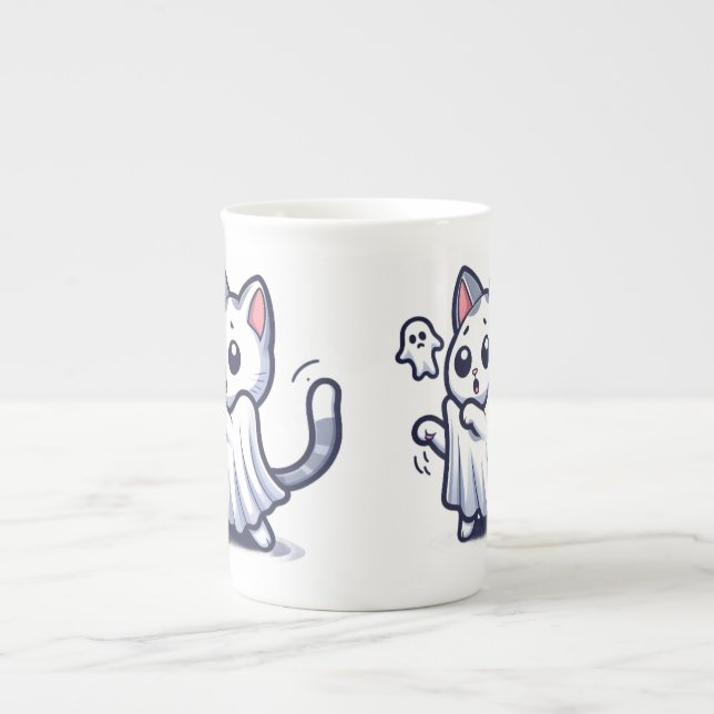Ghost Kitty Halloween Costume Bone China Mug (Front)