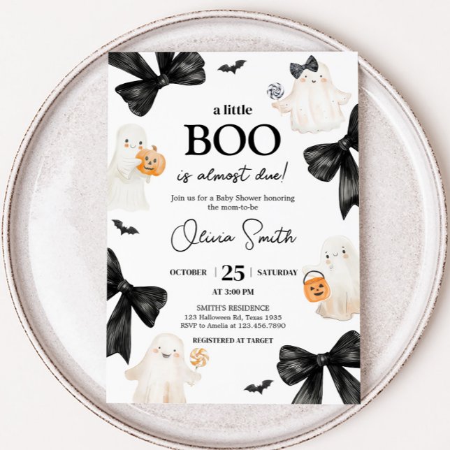 Ghost Little Boo Halloween Baby Shower Invitation (Black Bow Little Boo Halloween Baby Shower Invitation)