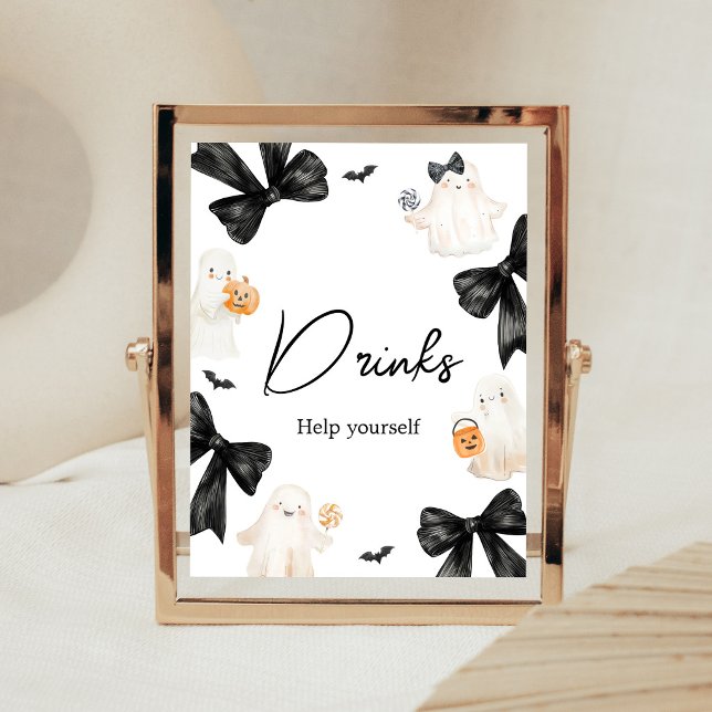 Ghost Little Boo Halloween Drinks Sign (Black Bow Little Boo Halloween Baby Shower Drinks Sign)