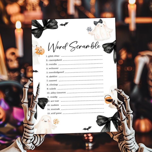Ghost Little Boo Halloween Word Scramble Game (Black Bow Little Boo Halloween Baby Shower Word Scramble Game)