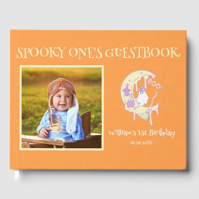 Ghost Moon Spooky One Boy 1st Birthday Halloween Guest Book (Front)