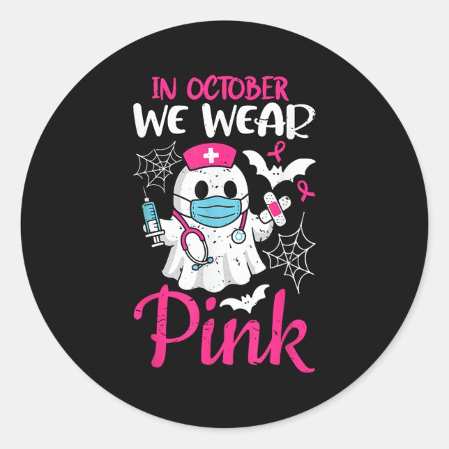 Ghost Nurse Halloween Nursing Breast Cancer Nk Rib Classic Round Sticker (Front)