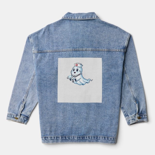 Ghost Nurse  Spookily Caring and Whimsically Haunt Denim Jacket (Back)
