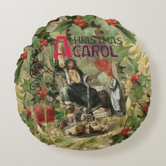 Ghost of Christmas Present Illustration Scrooge Round Cushion (Front)