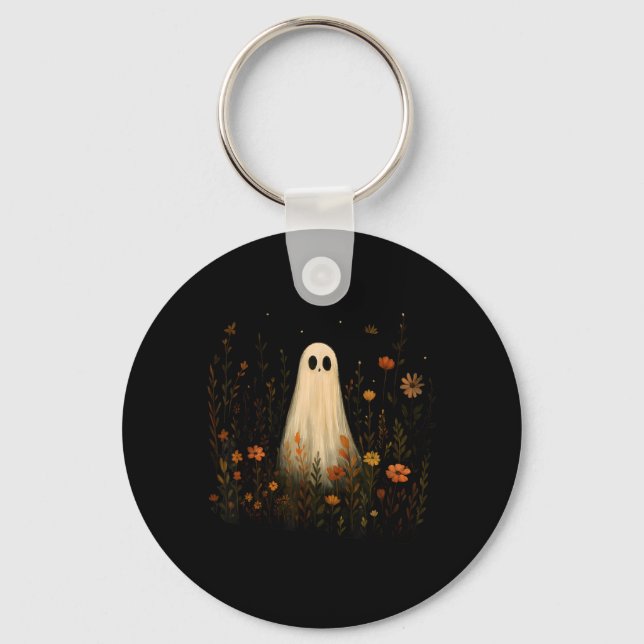 Ghost On A Flower Meadow Halloween Fall Design Key Ring (Front)