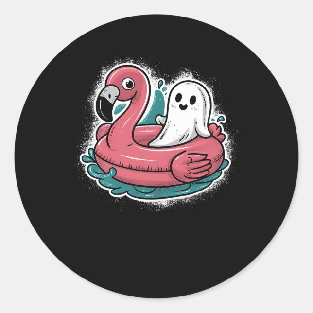 Ghost On A Pool Funny Spooky Summer Summerween Hal Classic Round Sticker (Front)