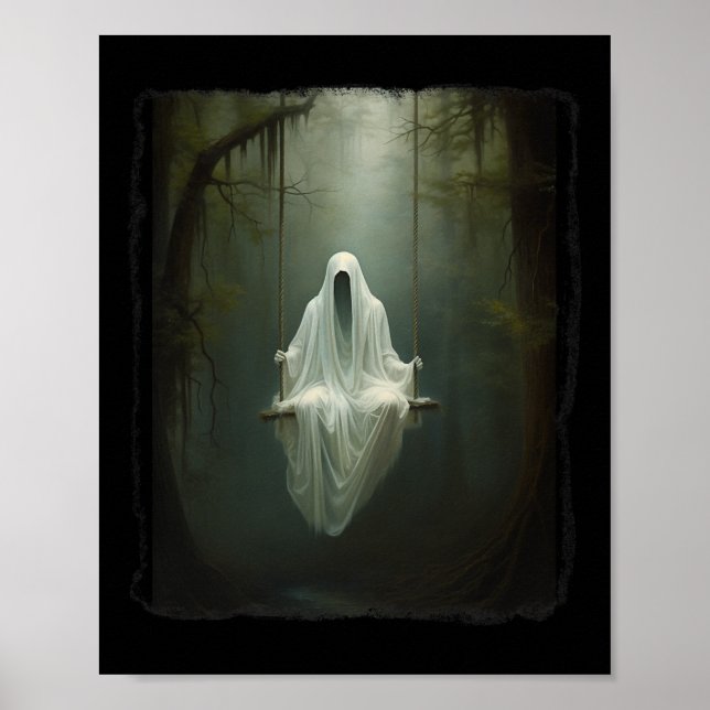 Ghost On The Swing In Floral Forest Halloween Vint Poster (Front)