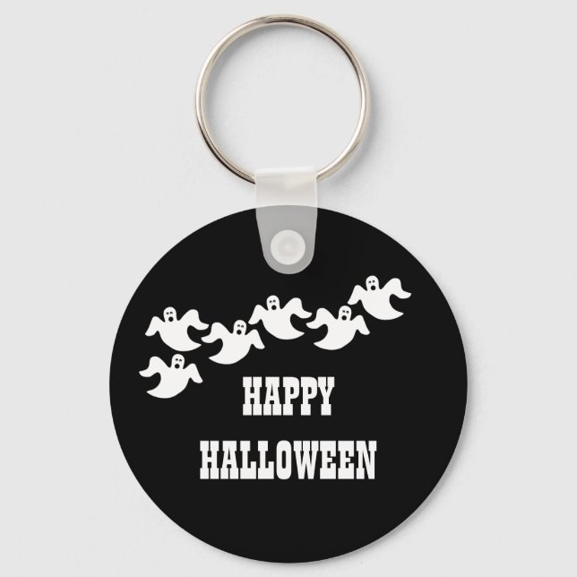 Ghost Party Halloween Keychain, Black Key Ring (Front)