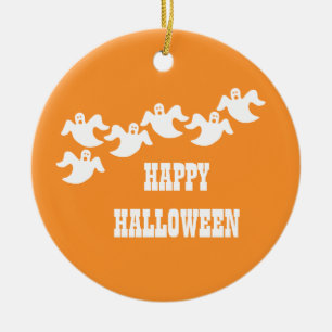 Ghost Party Halloween Ornament, Orange Ceramic Tree Decoration