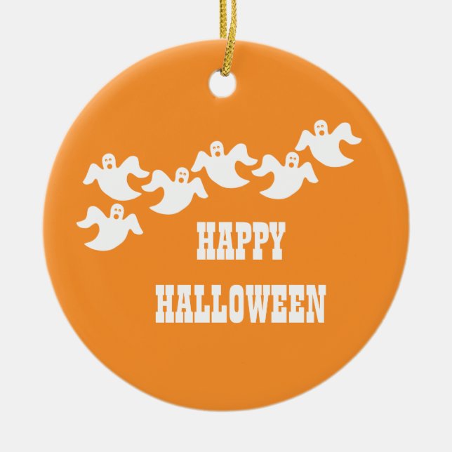 Ghost Party Halloween Ornament, Orange Ceramic Tree Decoration (Front)