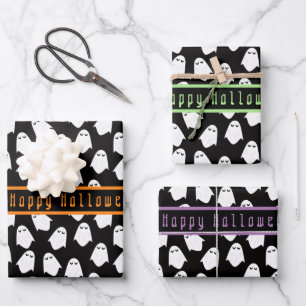 Ghost Pattern Happy Halloween Custom Text Wrapping Paper Sheet