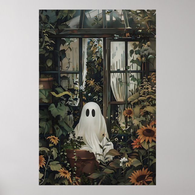 Ghost peeking from greenhouse window, plant lover poster (Front)