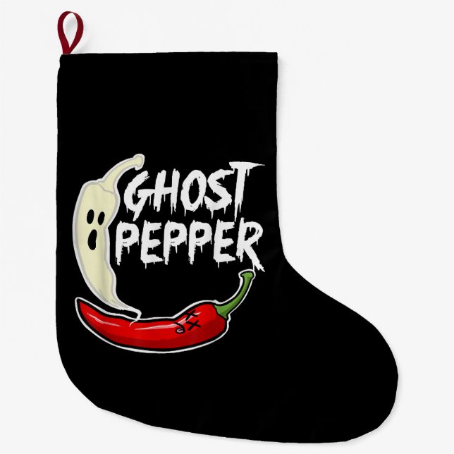 Ghost Pepper Funny Spicy Hot Halloween Ghost Peppe Large Christmas Stocking (Front)
