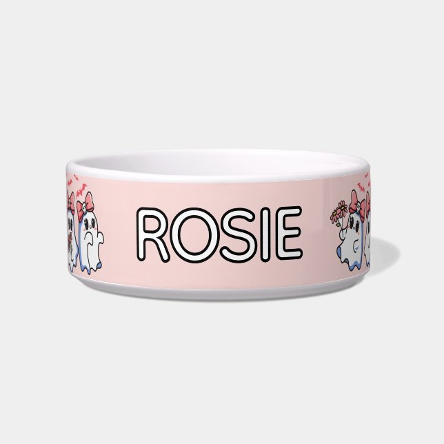Ghost Pink Bow Custom Halloween Dog Bowl (Front)