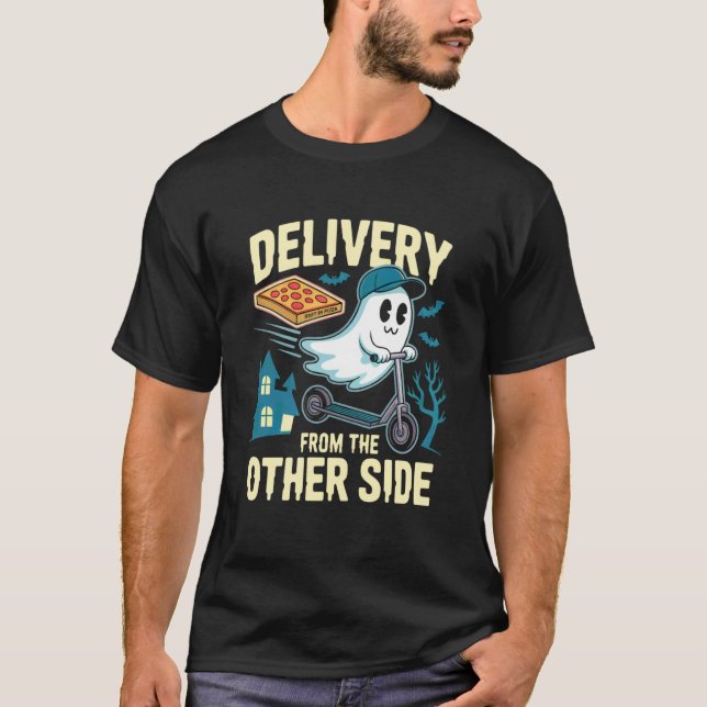 Ghost Pizza Delivery Scooting Halloween Fun T-Shirt (Front)