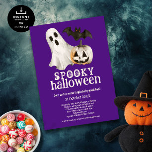 Ghost Pumpkin Bat Spooky Halloween Purple Invitation
