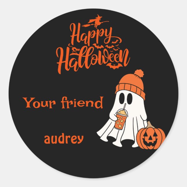 Ghost Pumpkin Happy Halloween Boo Personalised Classic Round Sticker (Front)