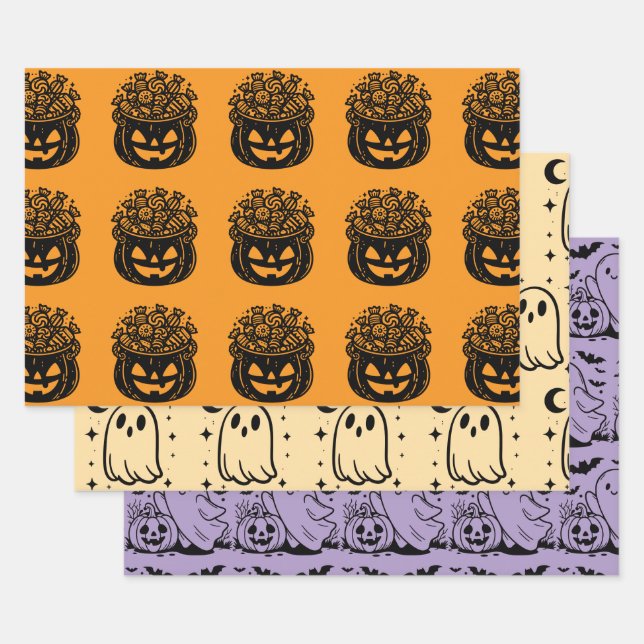 Ghost Pumpkins and Bats Halloween Variety Wrapping Paper Sheet (Set)