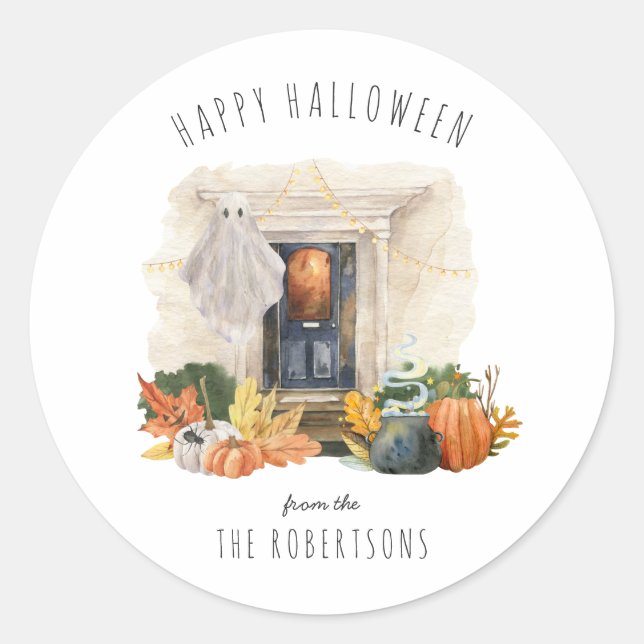 Ghost & Pumpkins | Happy Halloween Treat Classic Round Sticker (Front)