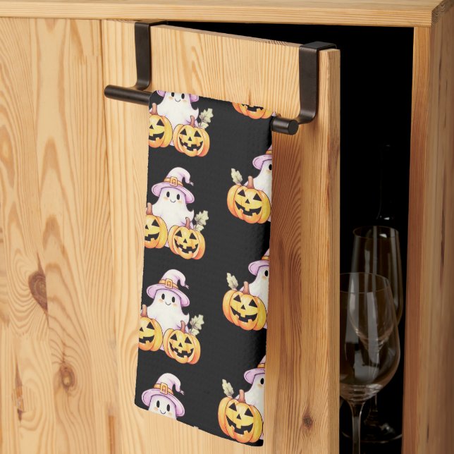 Ghost Purple Witches Hat Pumpkin Pattern Halloween Tea Towel (Thirds Fold)