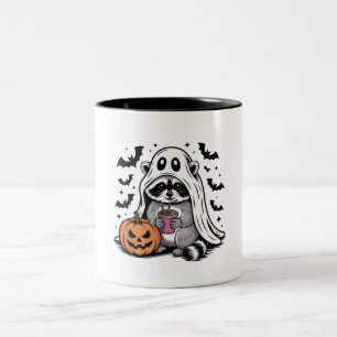 Ghost Racoon Drinking Coffee Two-Tone Coffee Mug