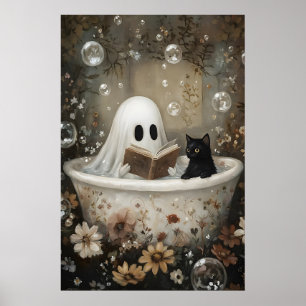 Ghost Reading Book And Black Cat Takes A Bathtub Poster