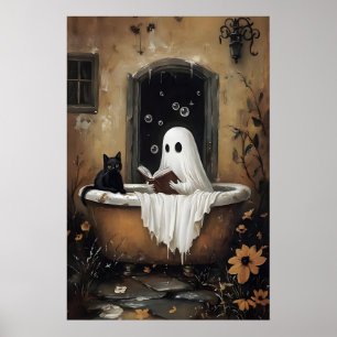 Ghost reading book and black cat takes a bathtub poster