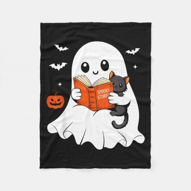 Ghost Reading Book Black Cat Halloween Costume Men Fleece Blanket (Front)