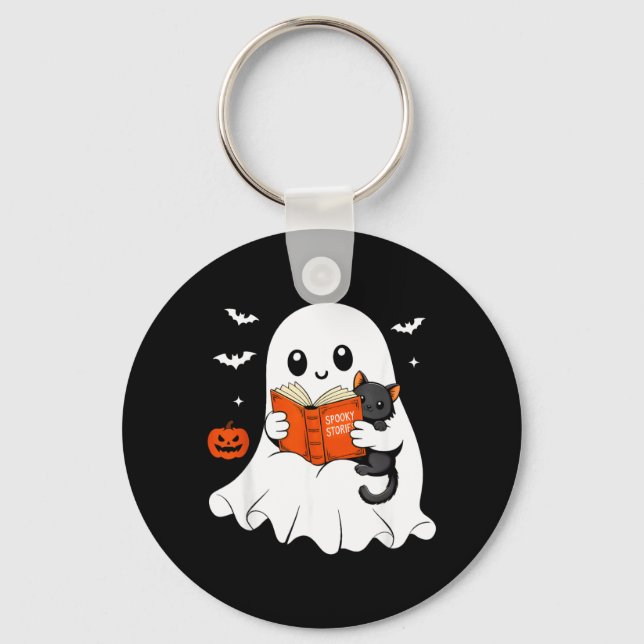 Ghost Reading Book Black Cat Halloween Costume Men Key Ring (Front)