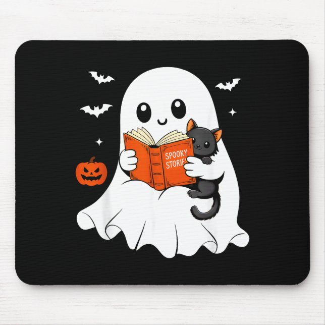 Ghost Reading Book Black Cat Halloween Costume Men Mouse Pad (Front)