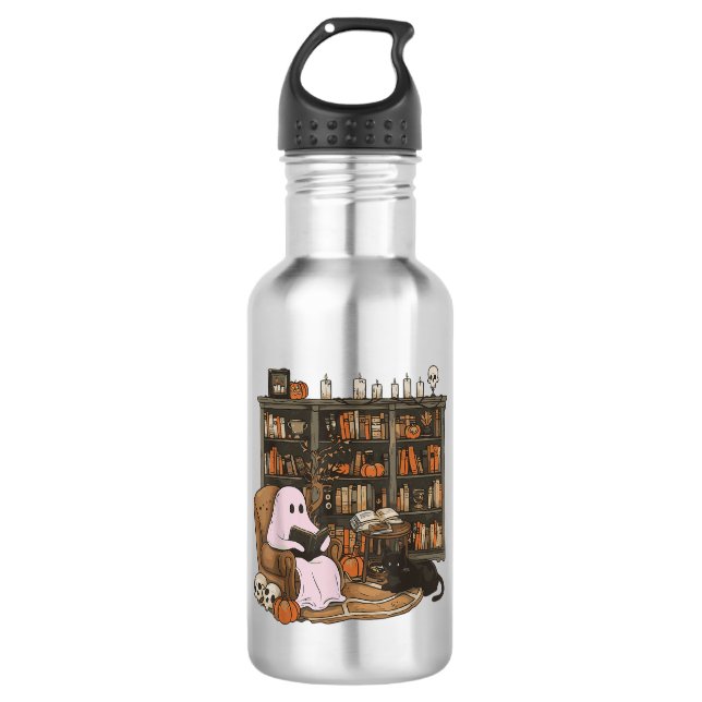 Ghost Reading Book Cat lover Halloween  532 Ml Water Bottle (Front)
