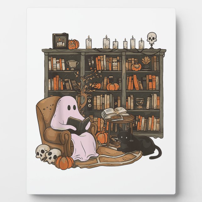 Ghost Reading Book Cat lover Halloween  Plaque (Front)