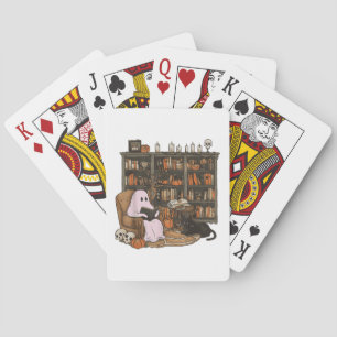Ghost Reading Book Cat lover Halloween Playing Cards