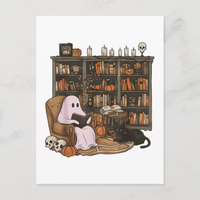 Ghost Reading Book Cat lover Halloween  Postcard (Front)
