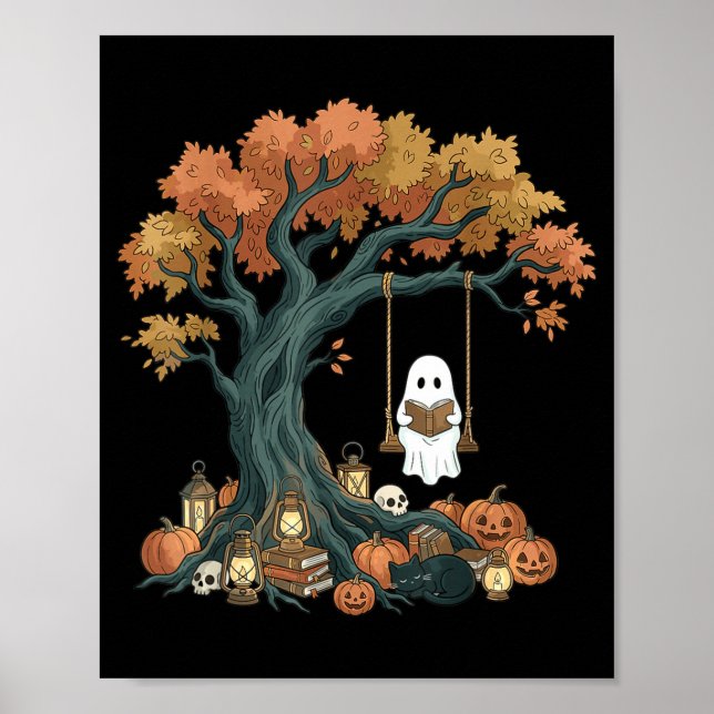 Ghost reading book cat lover halloween reading poster (Front)