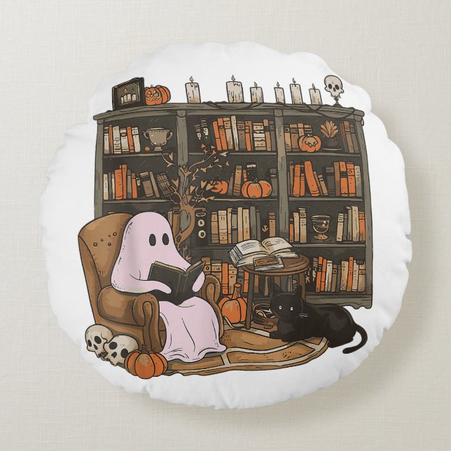 Ghost Reading Book Cat lover Halloween  Round Cushion (Front)