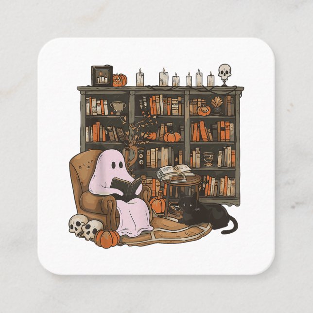 Ghost Reading Book Cat lover Halloween  Square Business Card (Front)