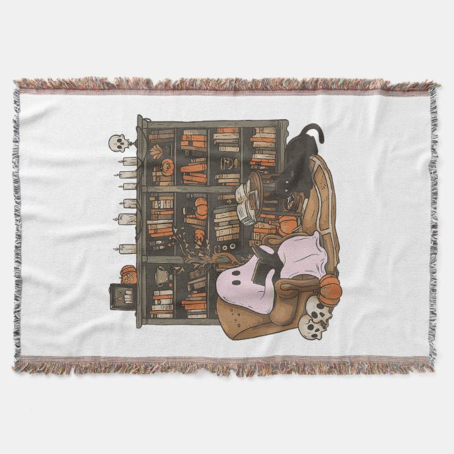 Ghost Reading Book Cat lover Halloween  Throw Blanket (Front)