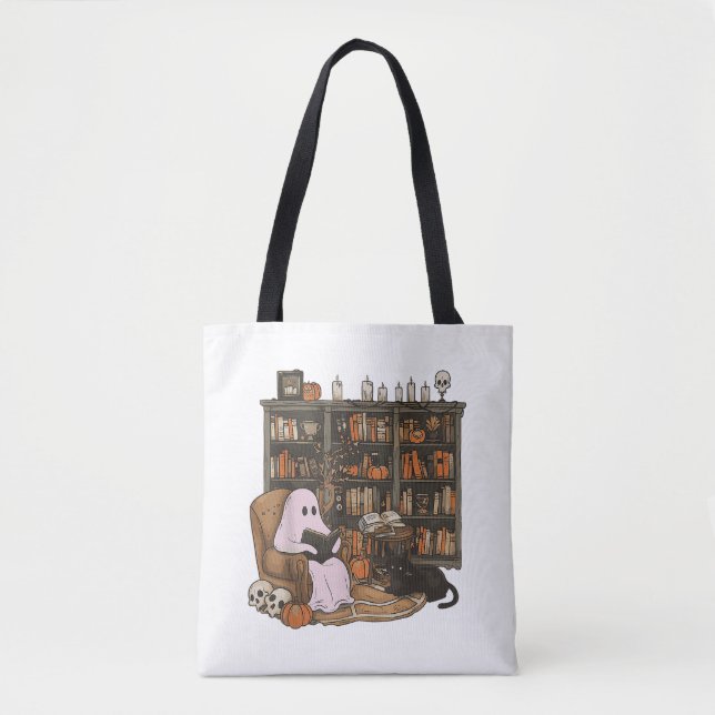 Ghost Reading Book Cat lover Halloween  Tote Bag (Front)