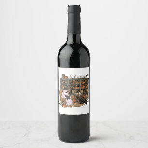 Ghost Reading Book Cat lover Halloween  Wine Label