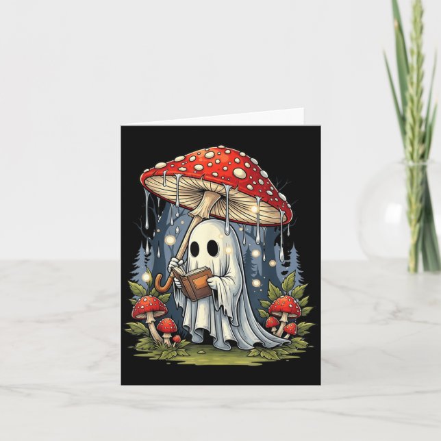 Ghost Reading Book Halloween Mushroom Spooky Card (Front)
