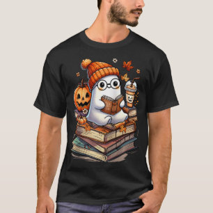 Ghost Reading Book Lovers Autumn Fall Halloween  T-Shirt