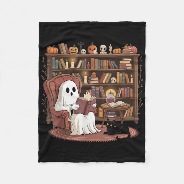 Ghost Reading Book Lovers Halloween Spooky Library Fleece Blanket (Front)