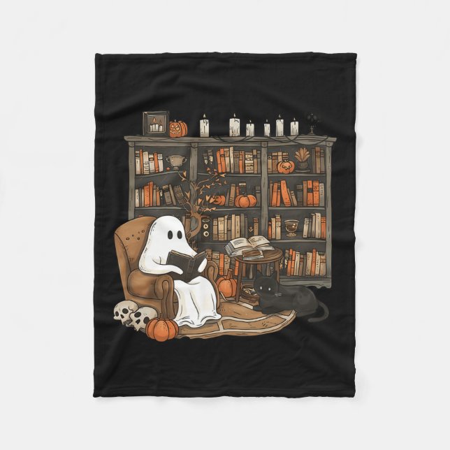 Ghost Reading Book Lovers Library Halloween Spooky Fleece Blanket (Front)